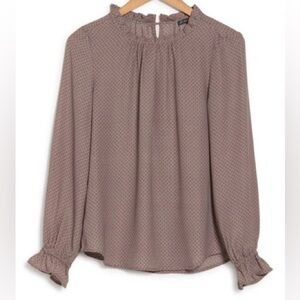 Adrianna Papell Women's Blouse Taupe Mauve Geometric Pattern Ruffle Mock Neck S